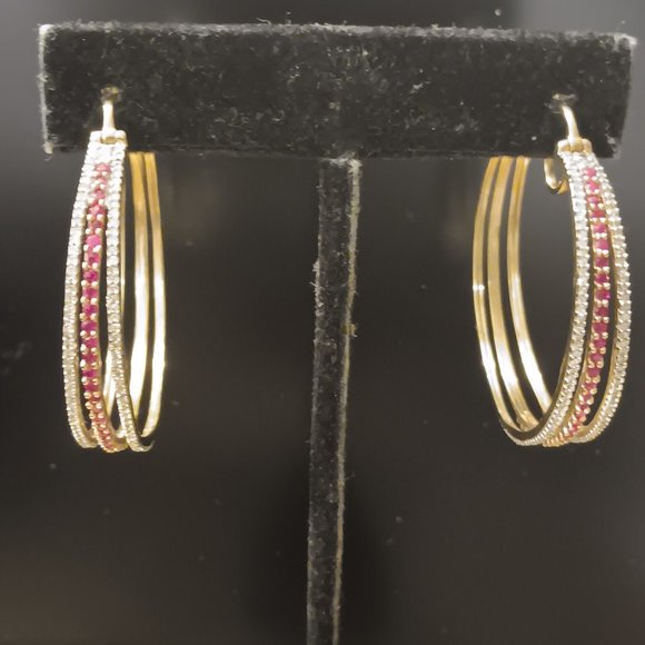 10K YELLOW GOLD RUBIES N DIAMOND HOOP EARRINGS - Picture 1 of 7